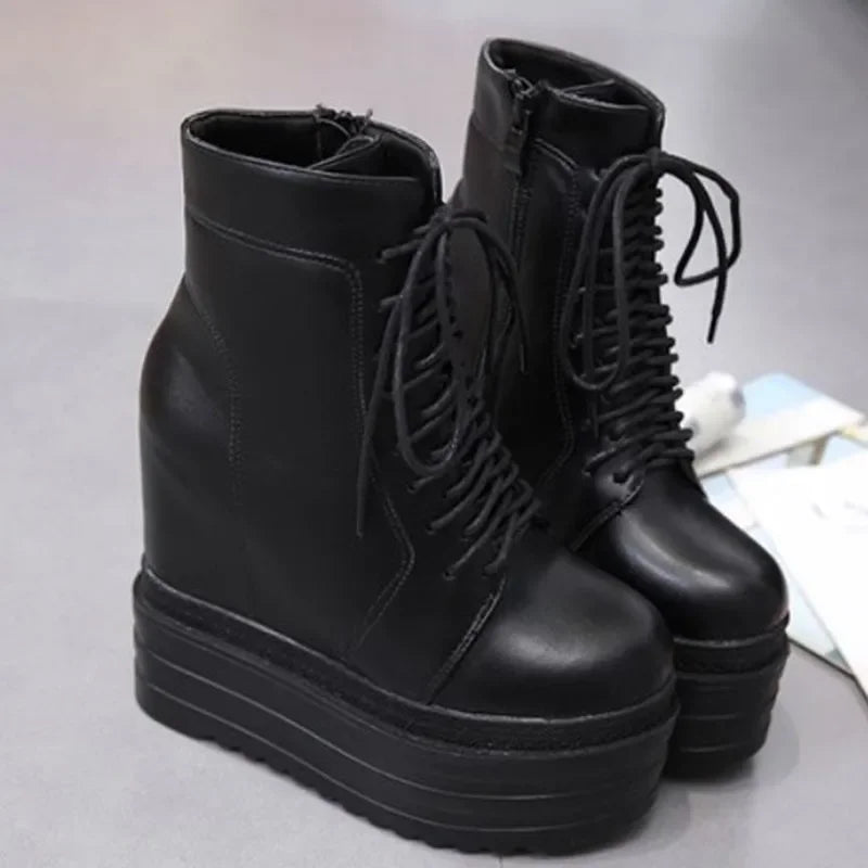 PunkRise | 14CM Wedge Ankle Boots – Black Rubber Sole Platform