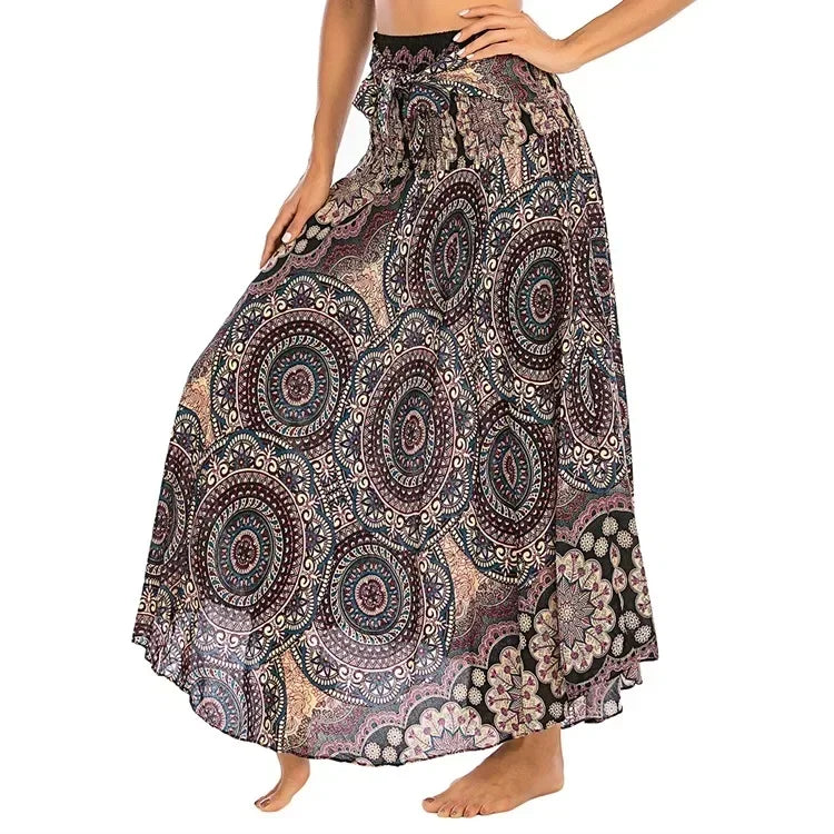 Black Patchwork Bandage Skirt — Ankle-Length
