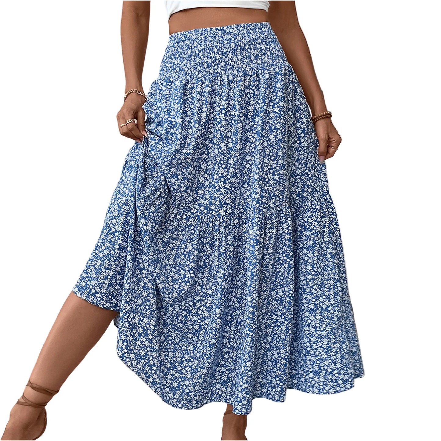 Pleated Floral Print A-Line Skirt — Elastic Waist Casual