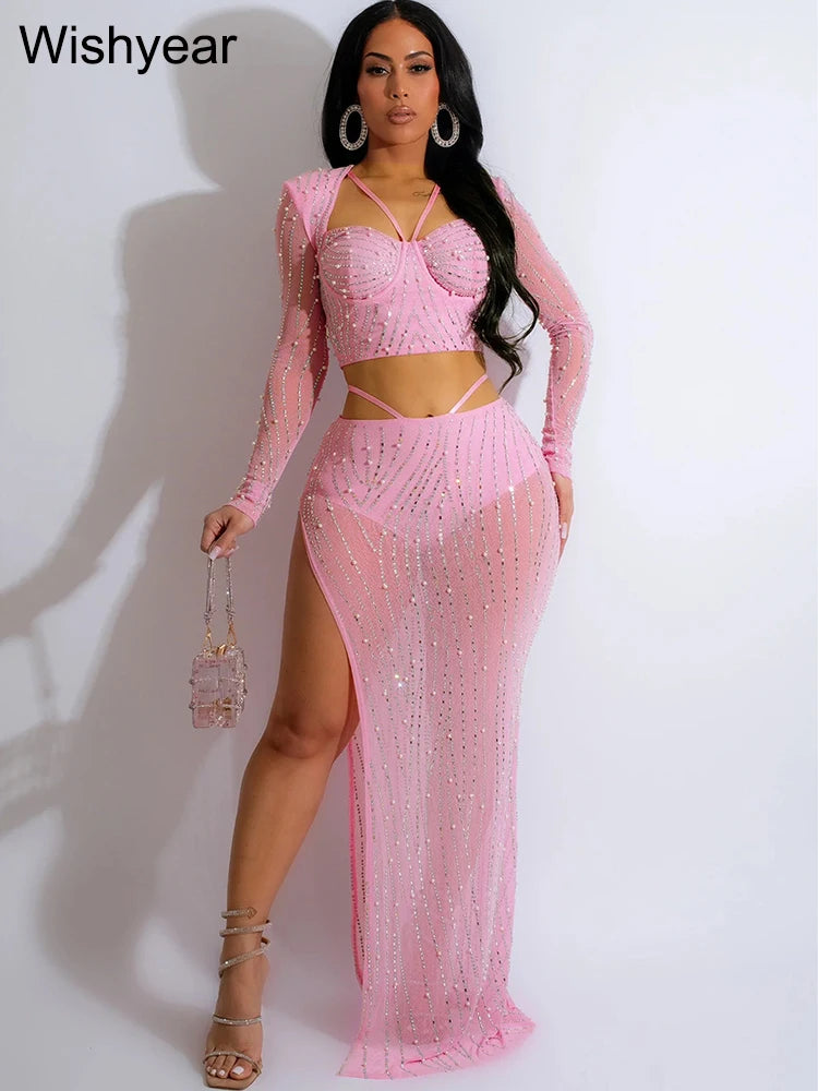 Mesh Crystal Top & Skirt Set