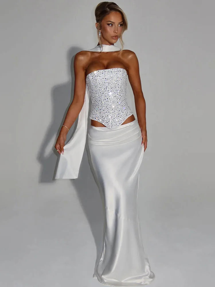 Sequin Scarf Crop Top & Satin Skirt