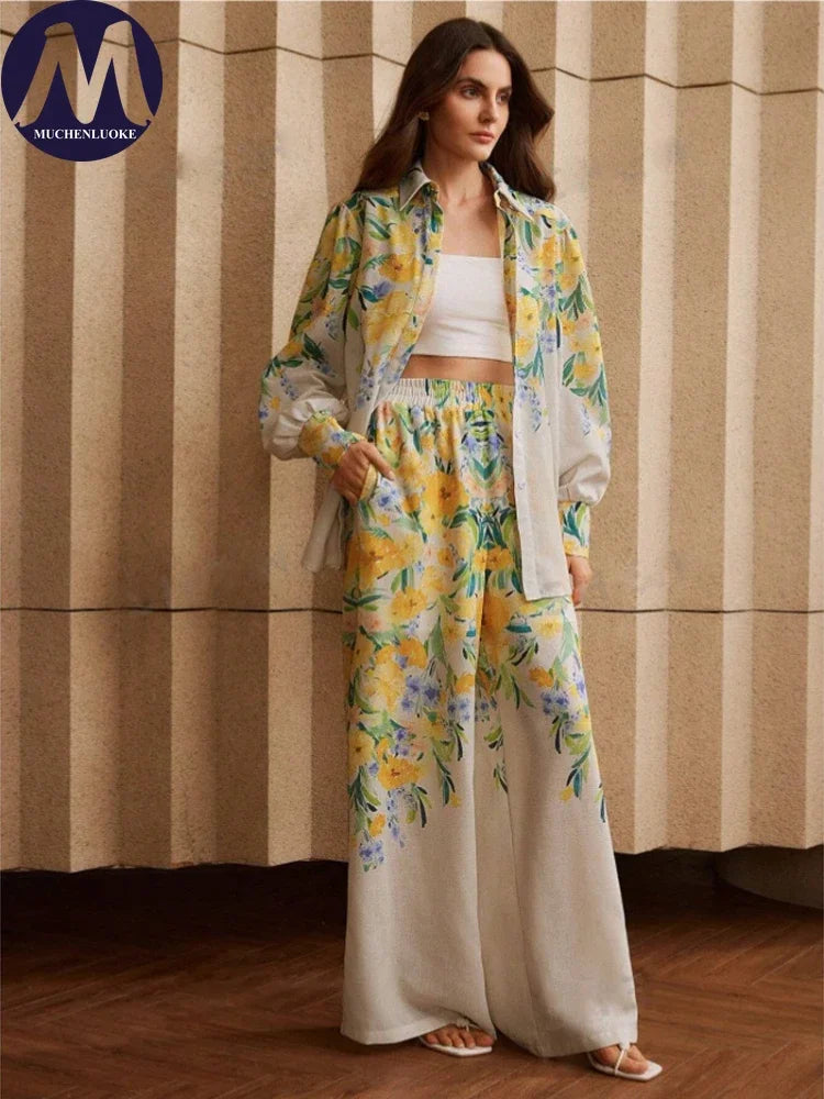 Printed Resort Set – Long Sleeve Shirt & Wide Pants
