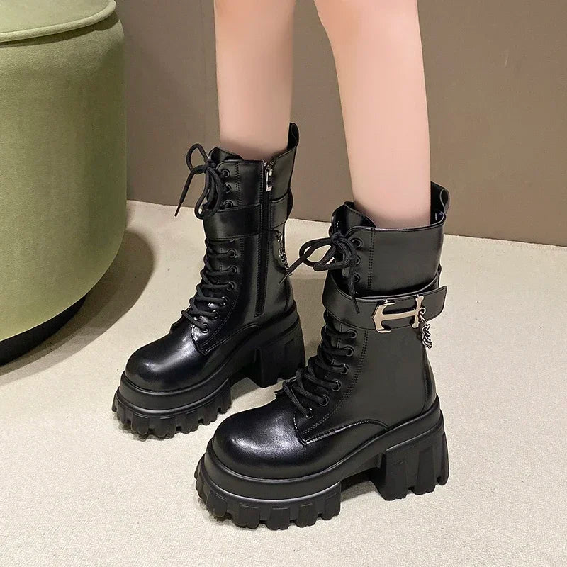 MotoMid | 9CM Chunky Platform Mid-Calf Combat Boots – Non-Slip