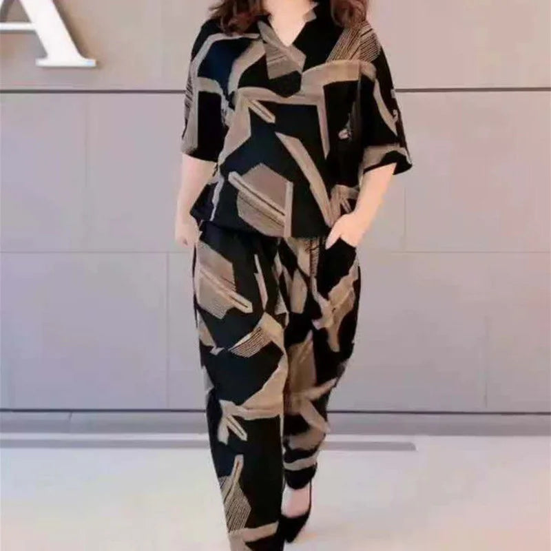 Loose Print Top & Harem Pants Set – Casual Two Piece Outfit