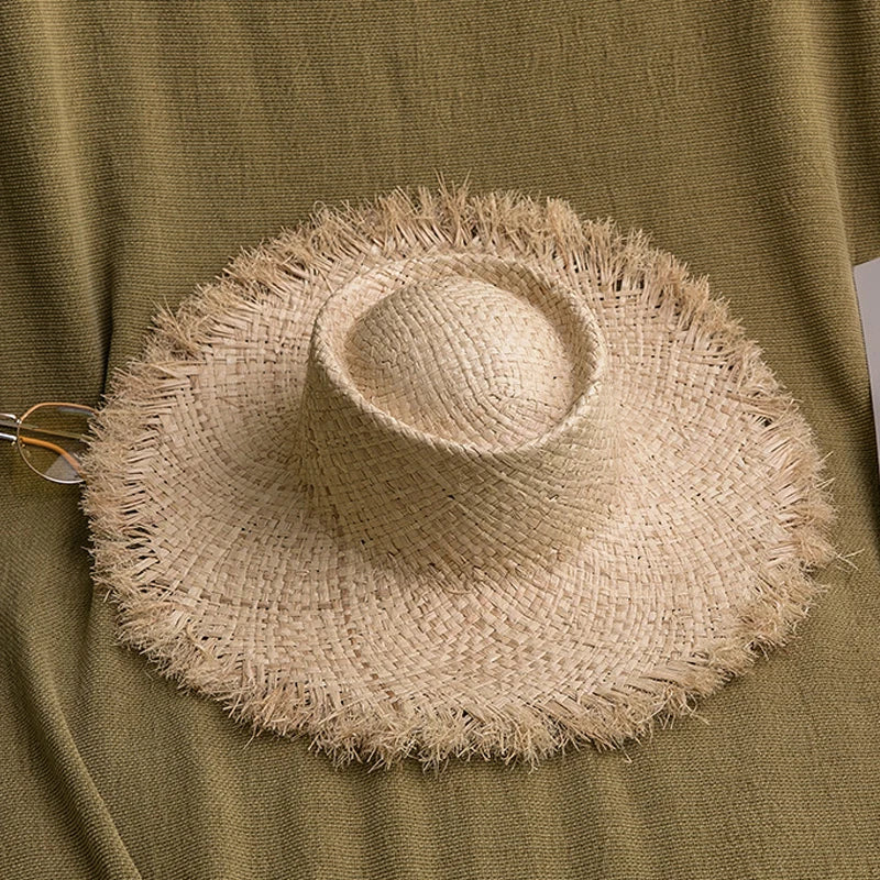 Natural Raffia Wide Brim Hat | Handwoven Straw – Travel & Beach Sun Protection