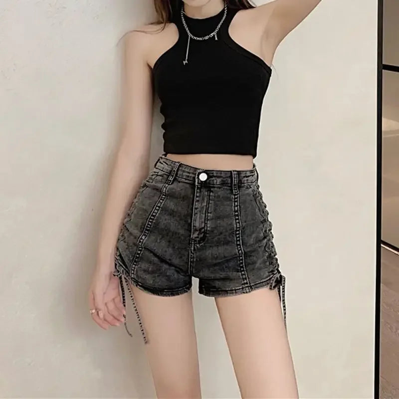 Strappy Harajuku Denim Shorts — Stretchy Outdoor Style (XL)