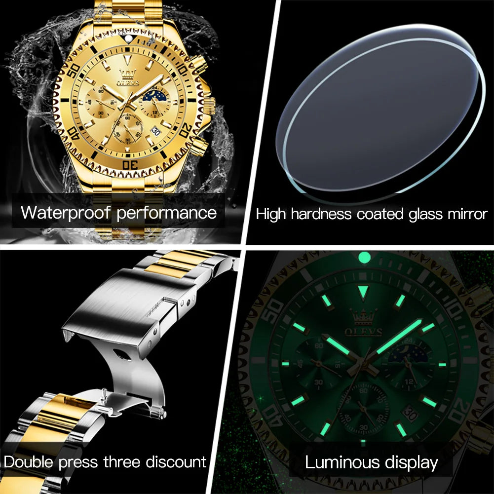 Golden Moon Phase Watch – Luxury Quartz, Waterproof, Elegant Chronograph