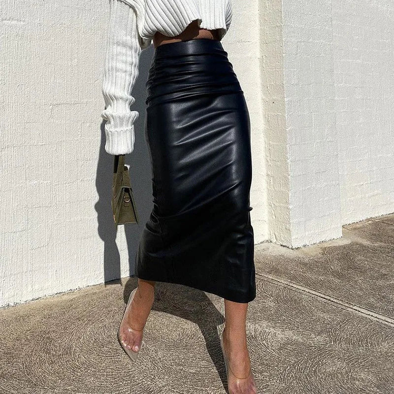 Ruched PU Leather Midi Skirt — Office Elegant Look