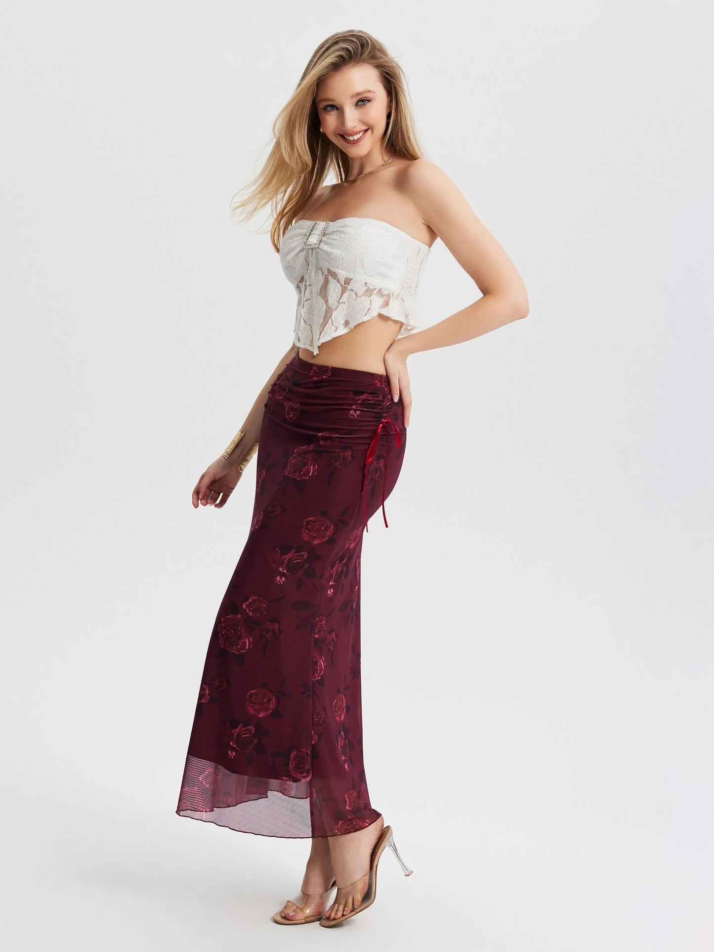Elegant Chiffon Printed Half Skirt — Pleated Waist Mermaid