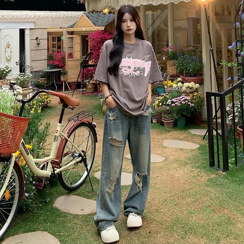 Retro Hole Jeans — Wide-Leg High Street Fit