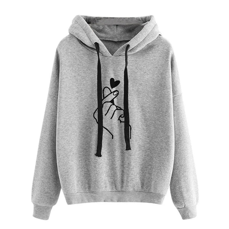 Solid Fleece Hoodie — Korean Finger Heart Print, Drawstring Pockets