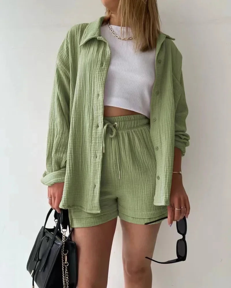 Long Sleeve Button Casual Pleated Two Piece Set – Fashion Solid Color