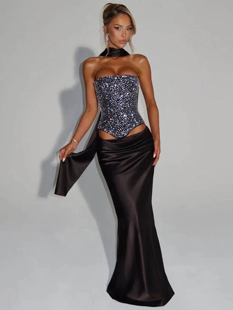 Sequin Scarf Crop Top & Satin Skirt