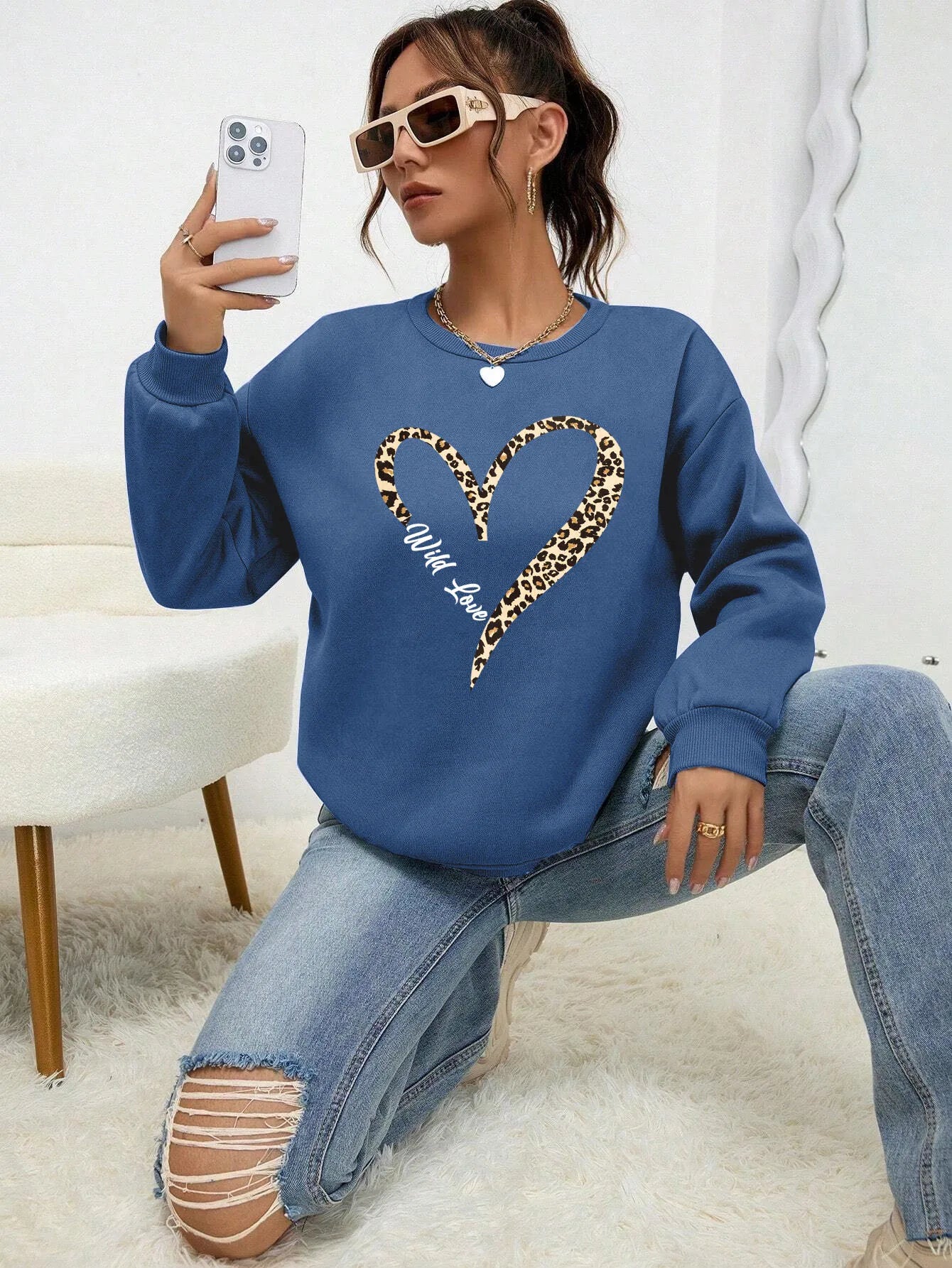Leopard Heart Crewneck — Fur-Lined Sweatshirt, Urban Wild Print