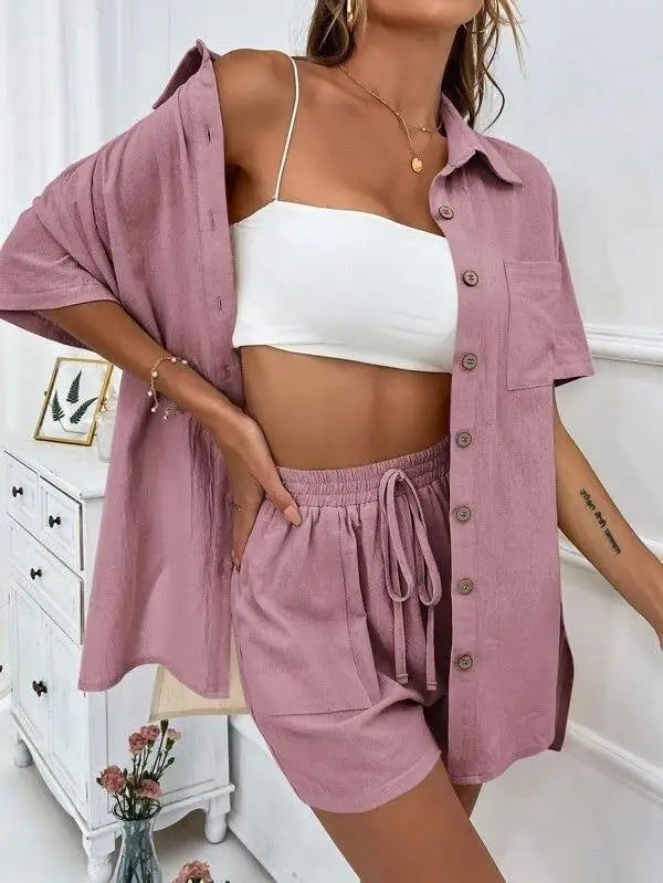 Linen Ease Set – Short-Sleeve Shirt & Elastic Shorts