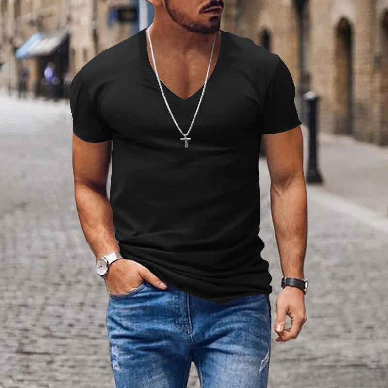 Slim Fit V-Neck Tee – Solid Color