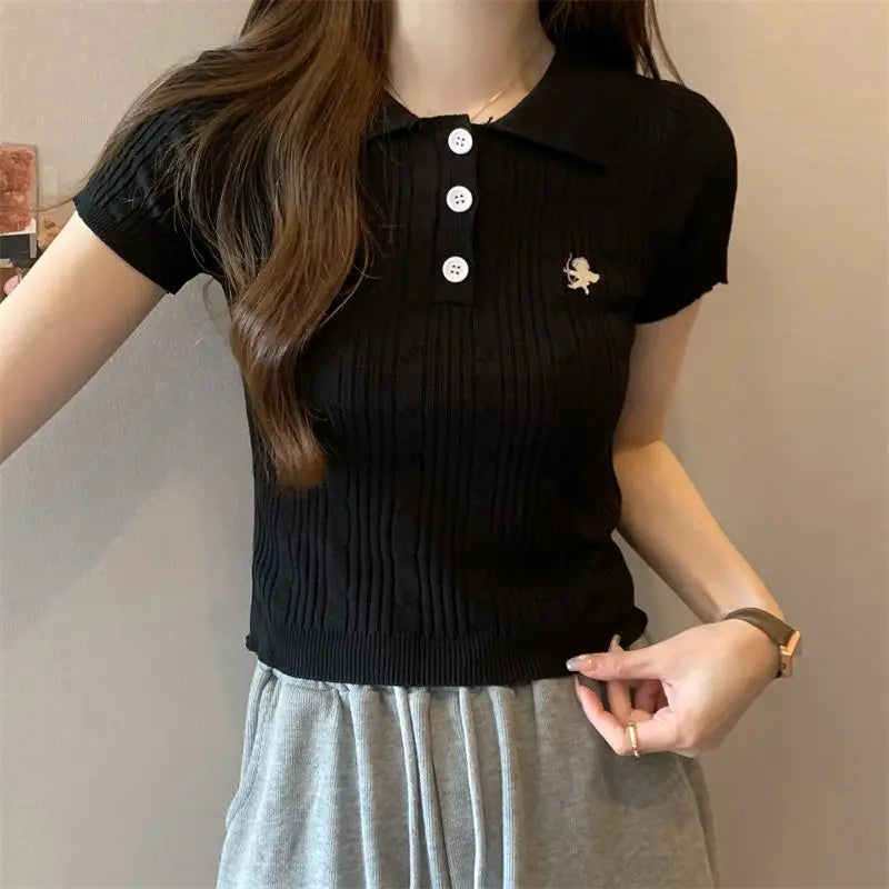 Embroidered Polo T-shirt — Retro Slim Fit Knit Top