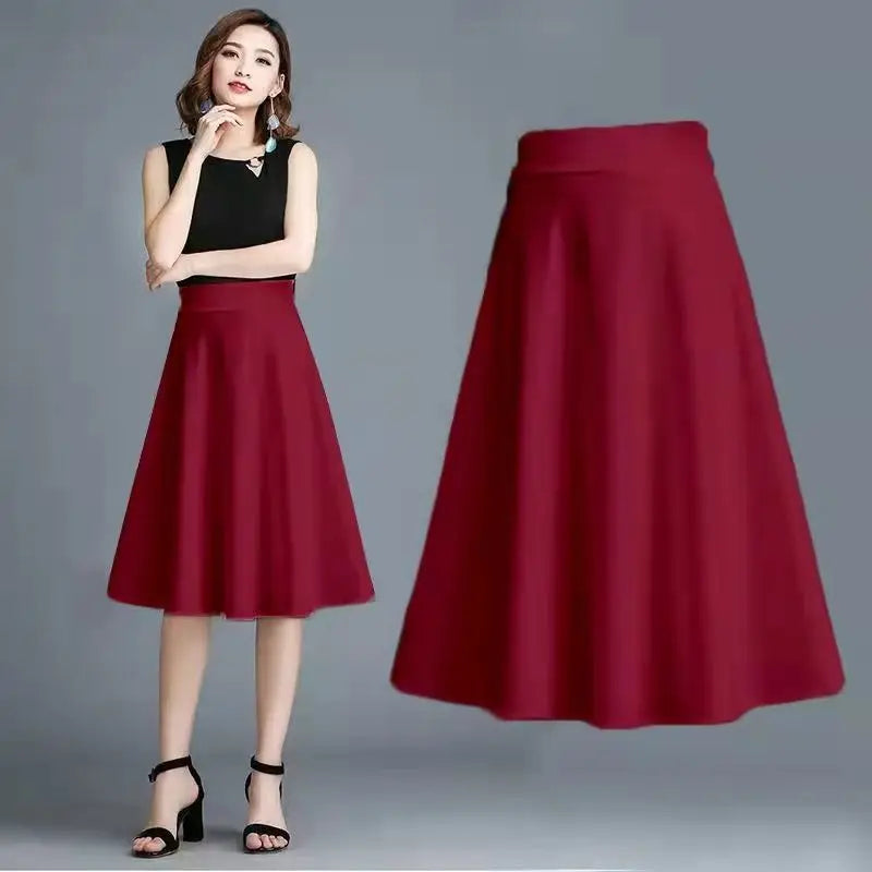 Solid Color Elastic A-Line Midi Skirt — Office Versatile