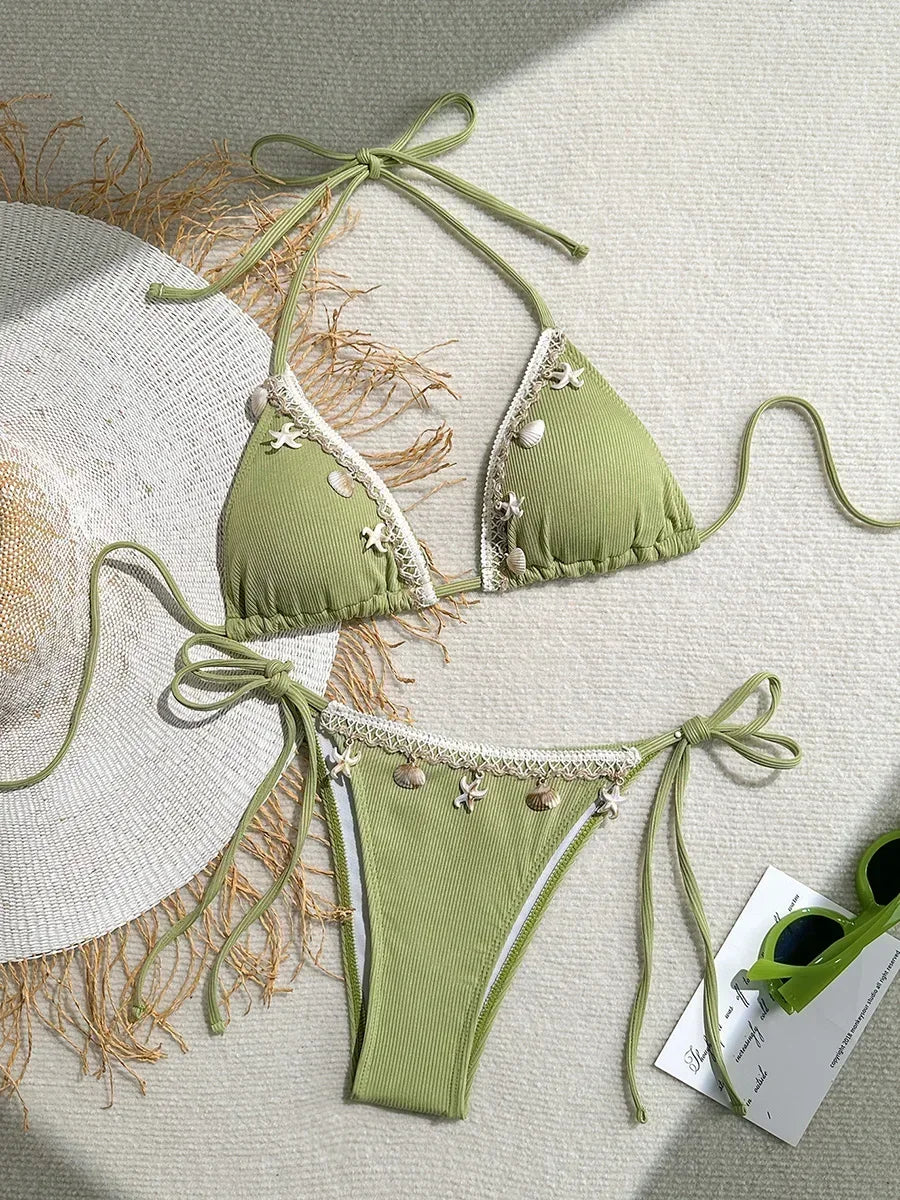 Halter Bikini with Shell Detail – Ribbed Texture