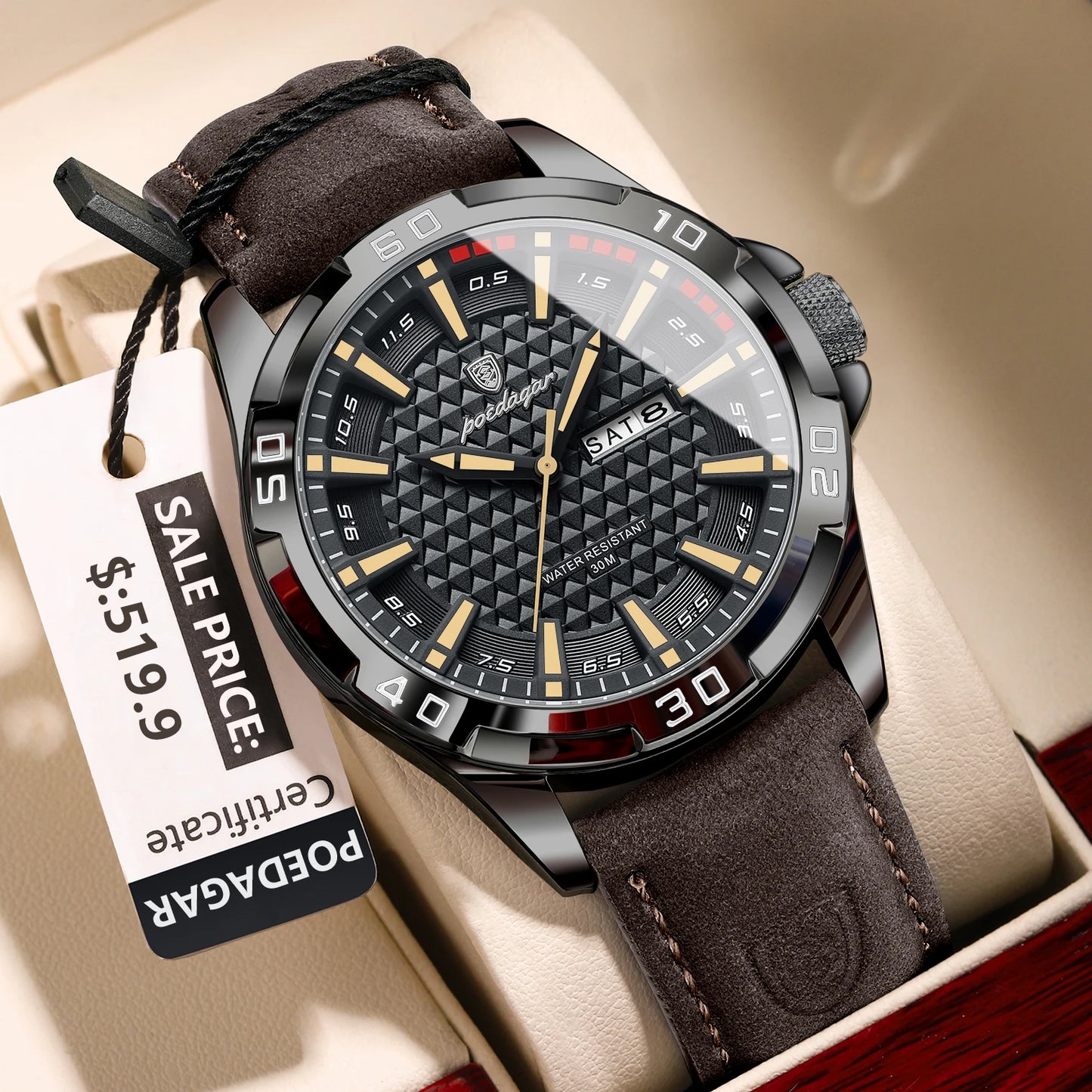 Luxury Quartz Watch – Waterproof, Luminous Dial, Date Display, Leather Strap