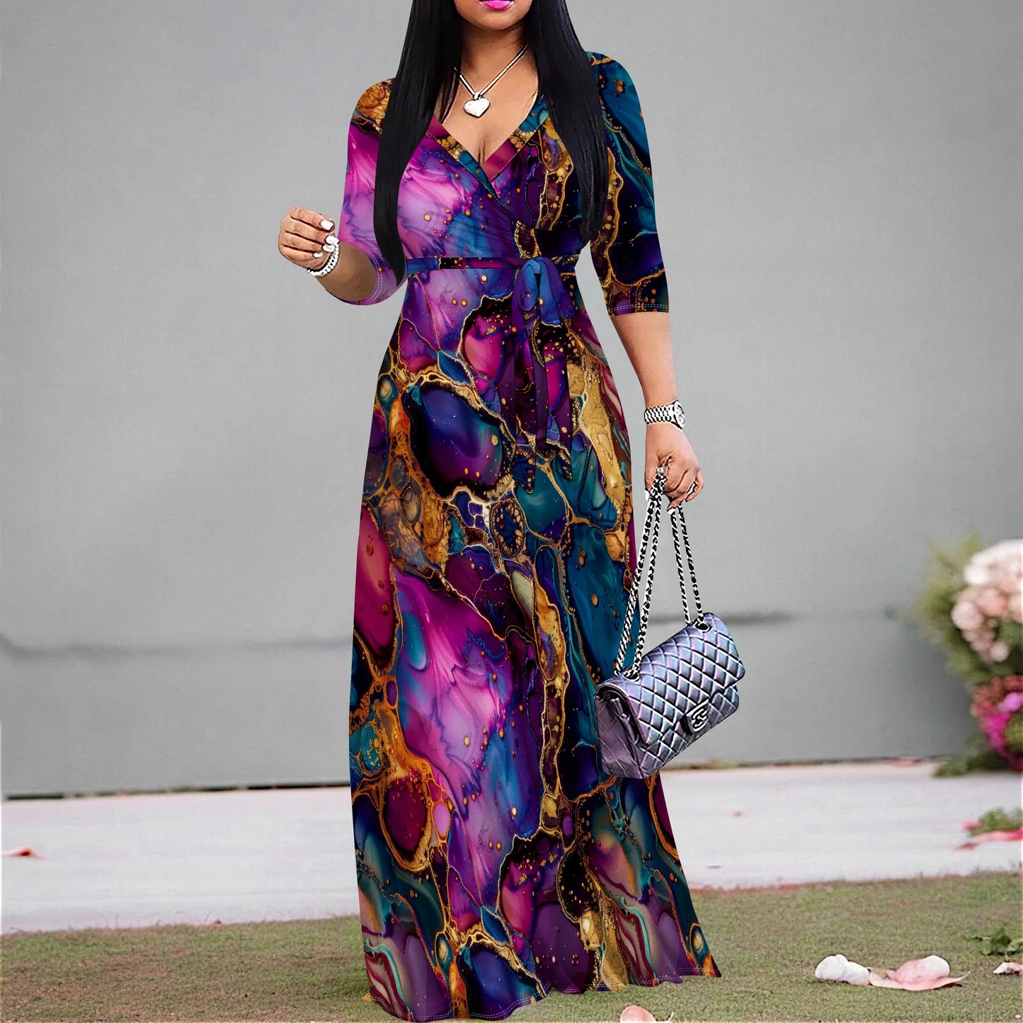 Deep Abstract Ink Print Maxi Dress — Vacation Party Long Dress S-XXL