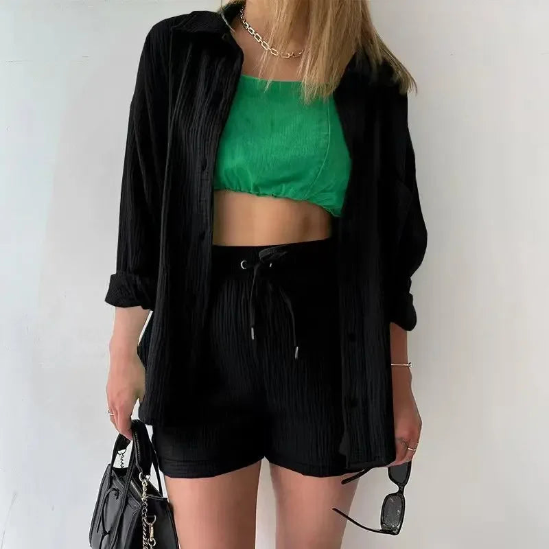 Long Sleeve Button Casual Pleated Two Piece Set – Fashion Solid Color