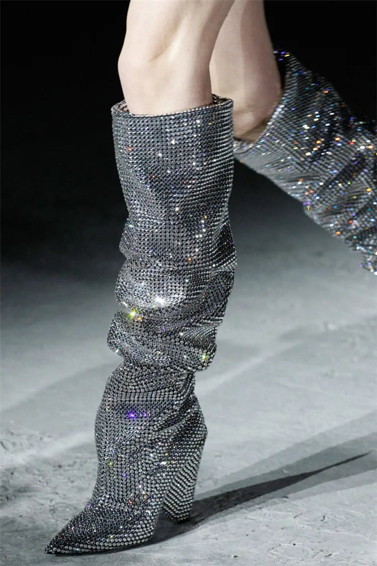 CrystalKnee | Large Size Pointed Rhinestone Knee High Boots