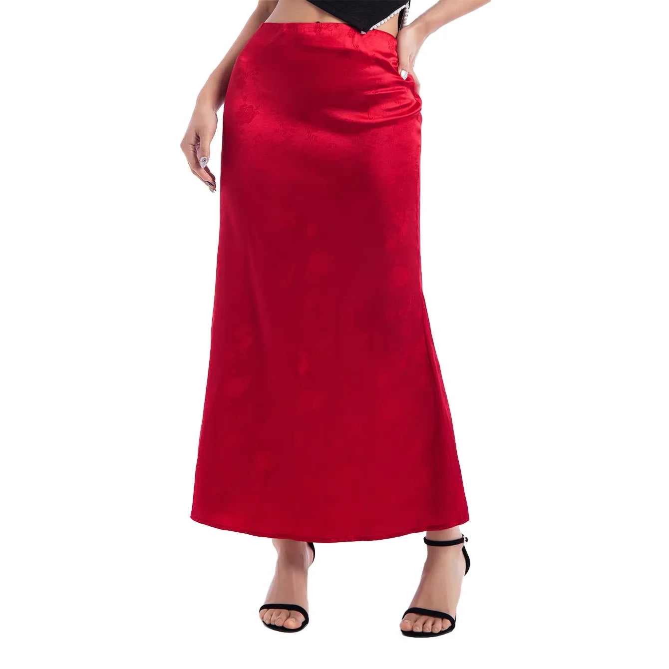 Red Silk Satin Pleated Maxi Skirt — Elegant Y2K Party