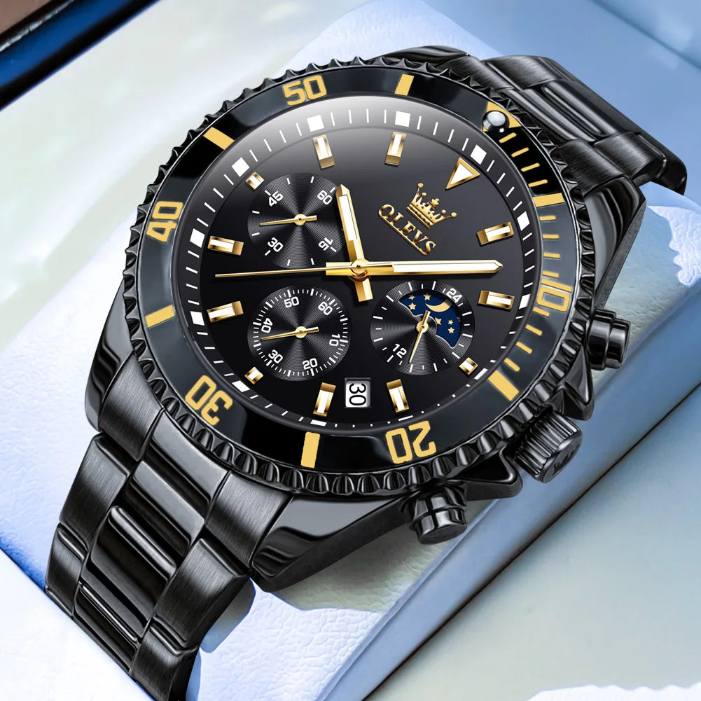 Golden Moon Phase Watch – Luxury Quartz, Waterproof, Elegant Chronograph