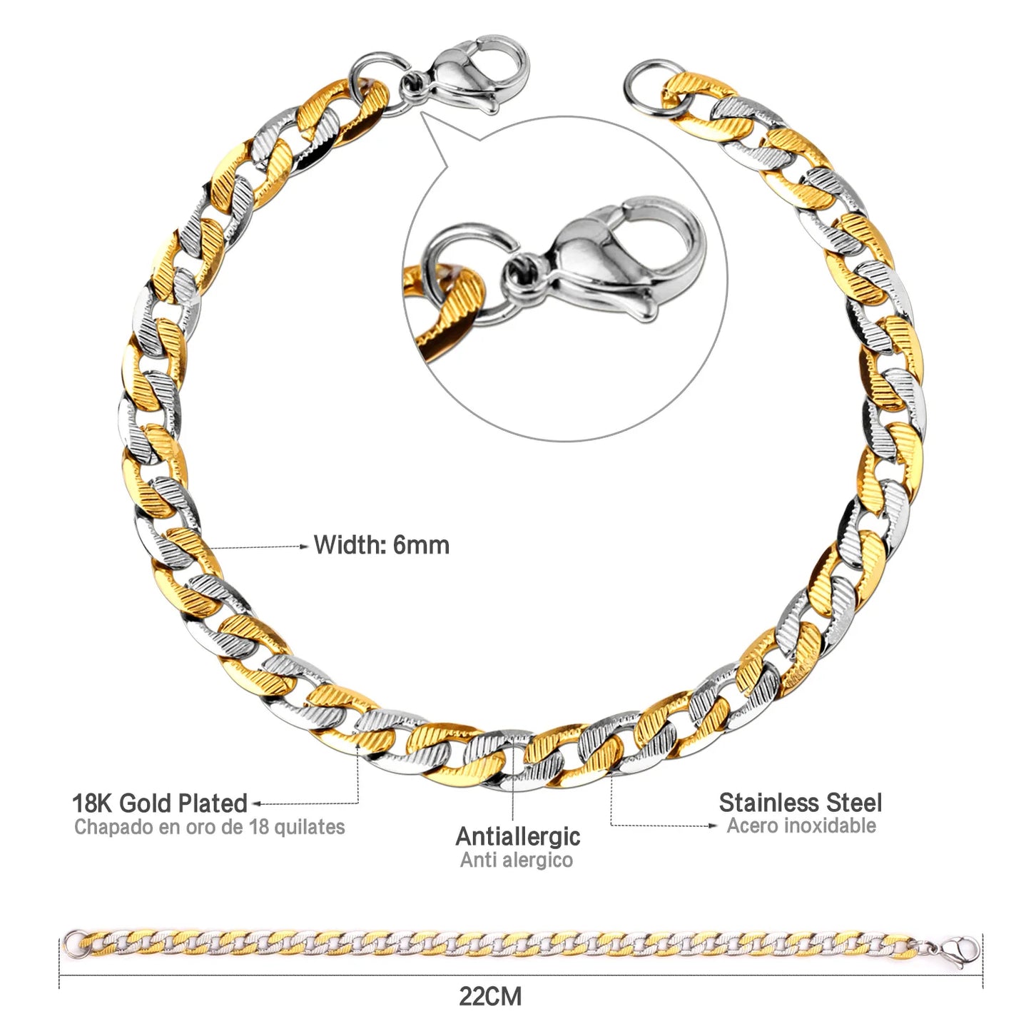 Cuban Chain Bracelet – Stainless Steel, Gold-Tone, Punk Style Jewelry for Men & Women