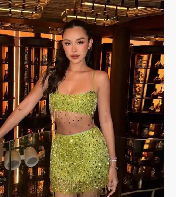 Tassel Sequin Halter Top & Mini Skirt
