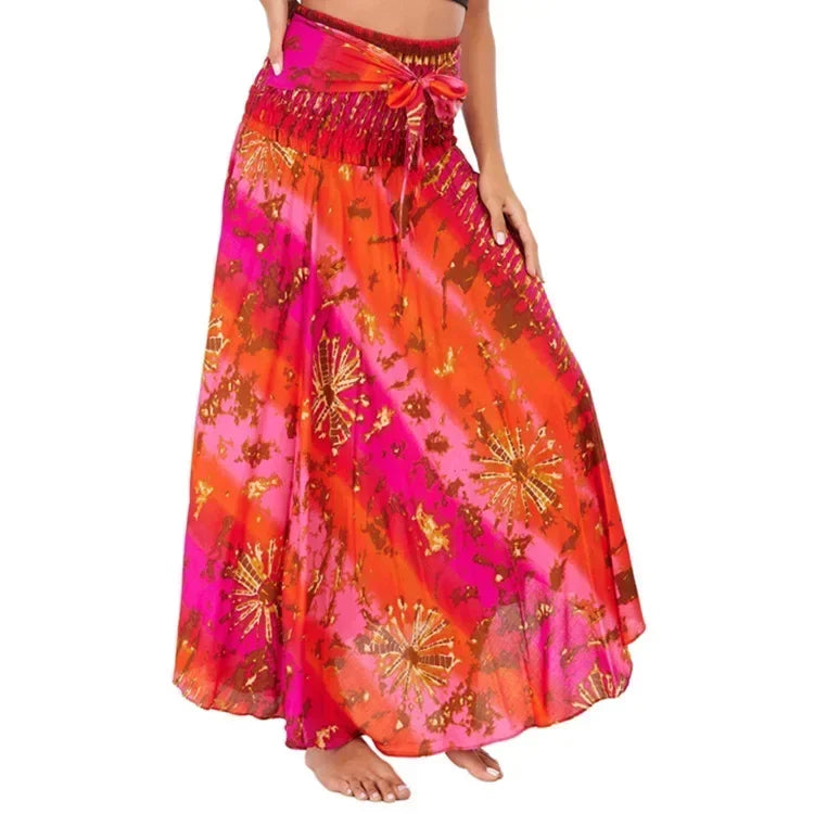 Black Patchwork Bandage Skirt — Ankle-Length