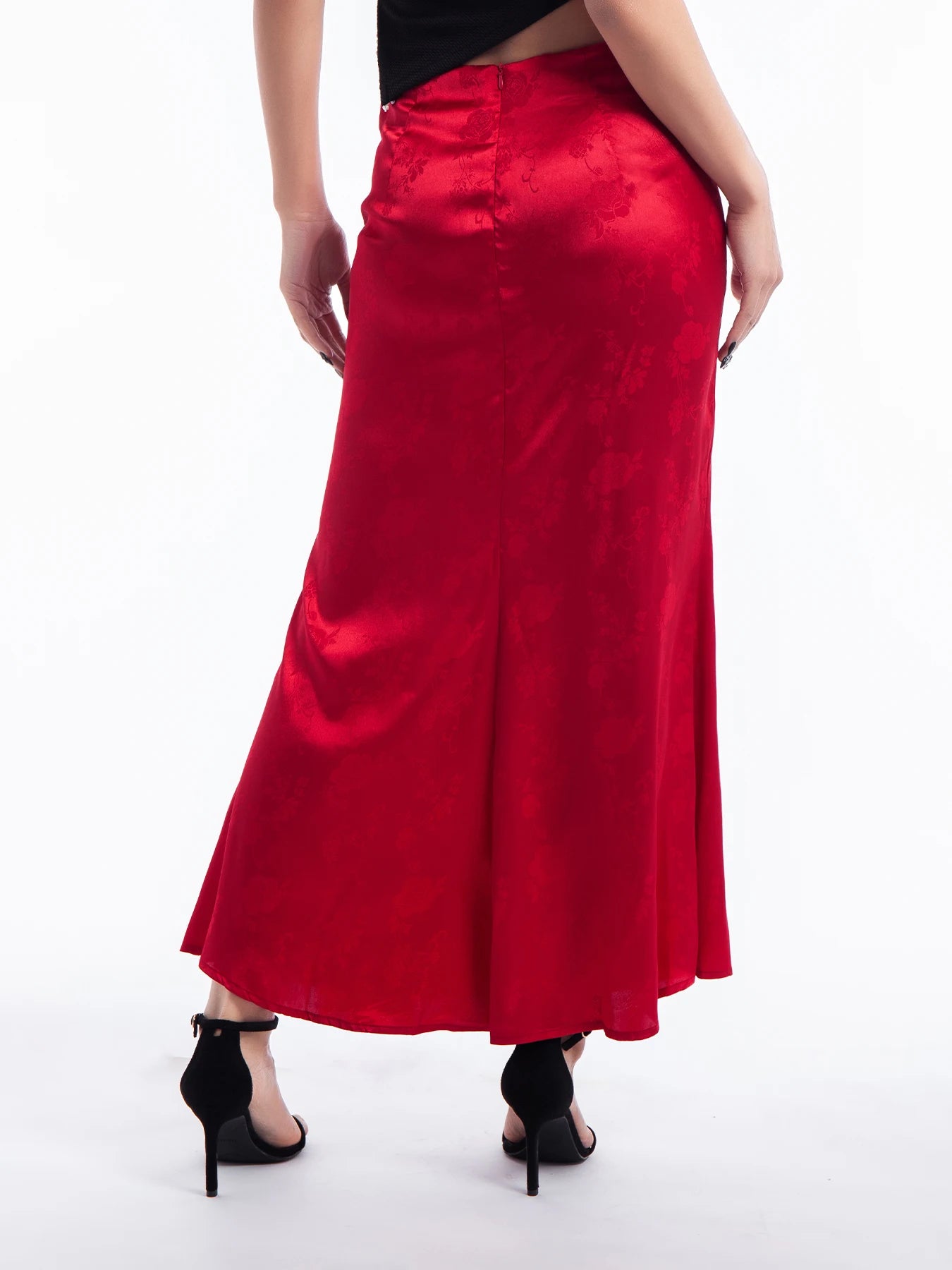 Red Silk Satin Pleated Maxi Skirt — Elegant Y2K Party