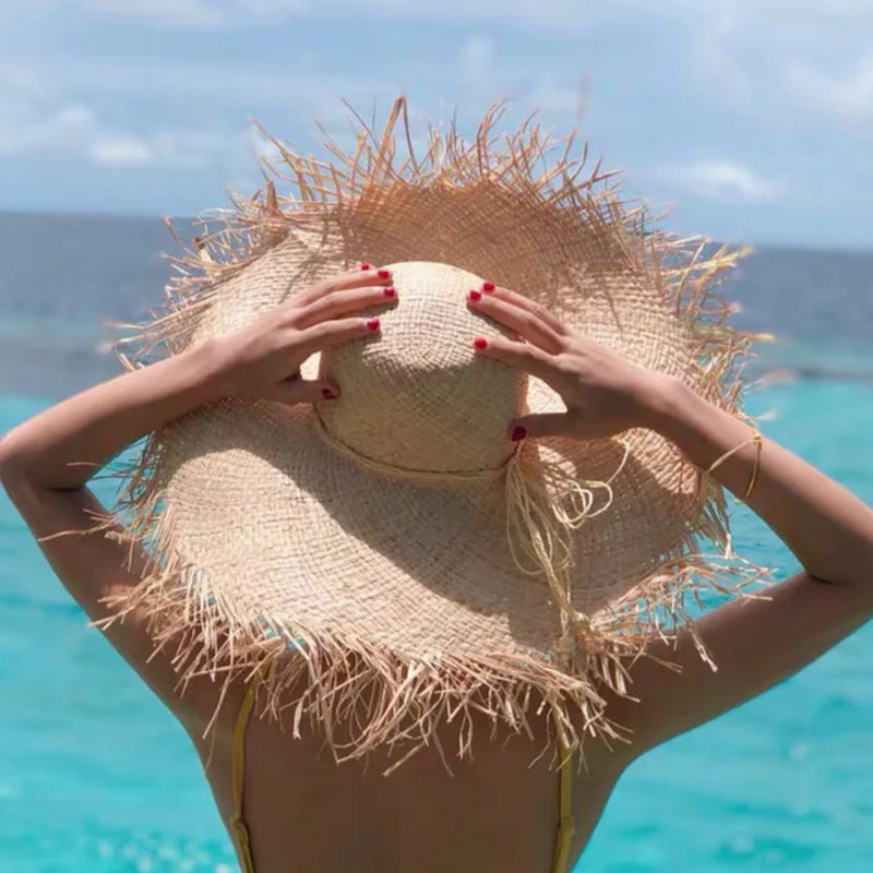 Natural Raffia Wide Brim Hat | Handwoven Straw – Travel & Beach Sun Protection