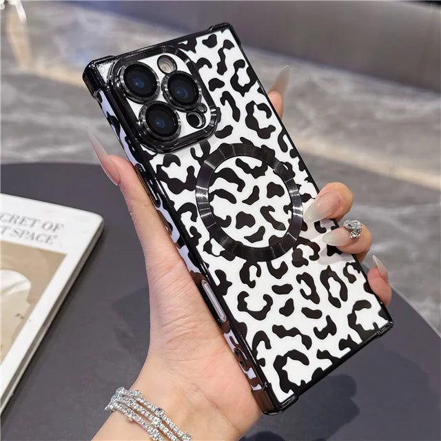 MagSafe Leopard Print Case – iPhone 13 to 16 Pro Max | Magnetic Frame + Luxury Finish