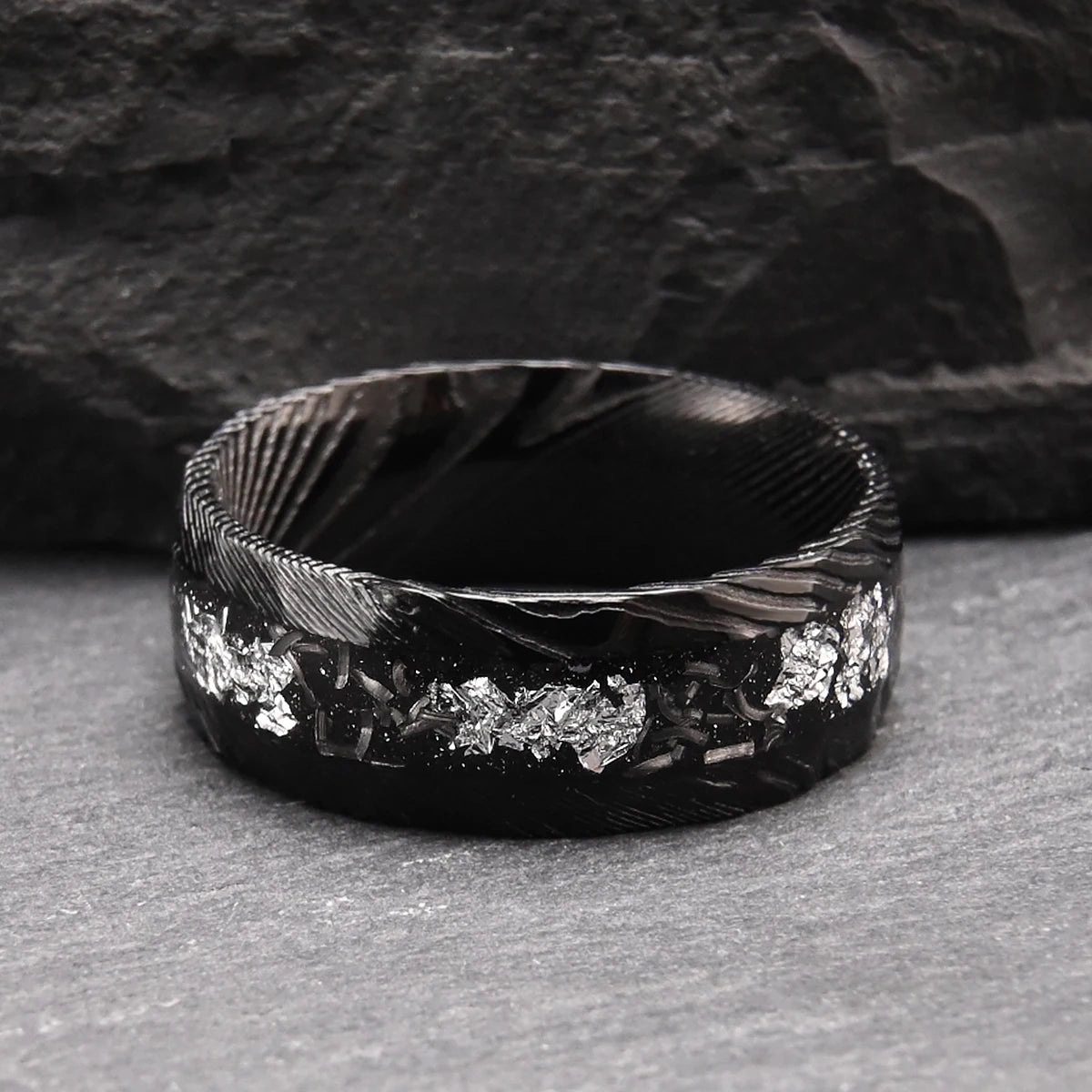 Damascus Steel Ring – 8mm Black Band with Silvery Foil Inlay, Wedding or Casual Wear