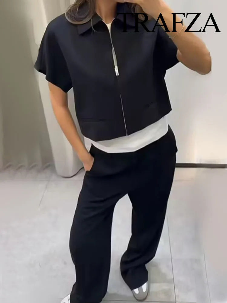 Lapel Short Coat & Wide-Leg Pants