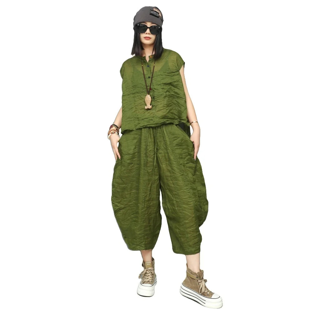 Ramie Asymmetric Top & Pumpkin Pants Set – Lightweight Loose Two Piece