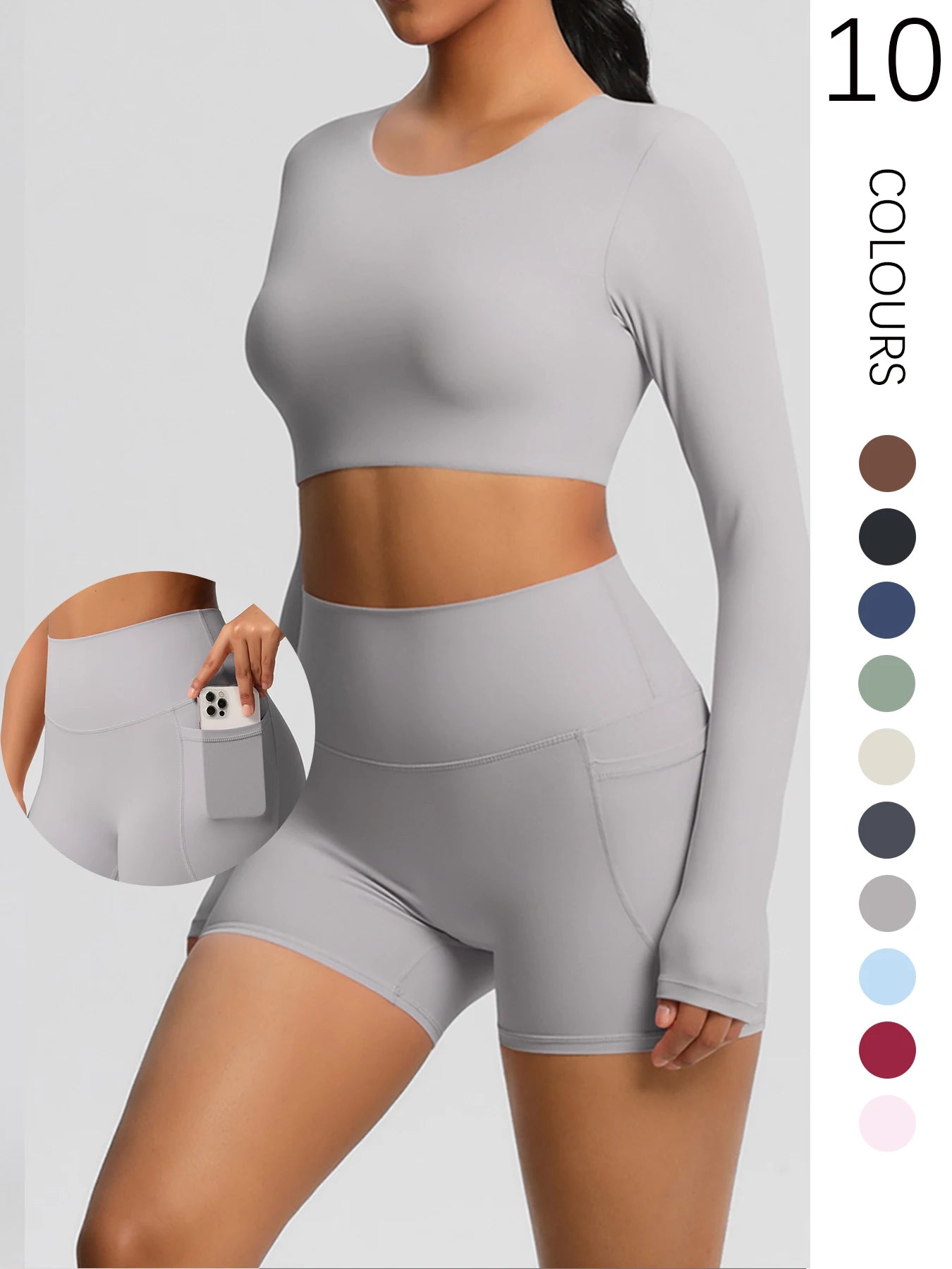 2-Piece Activewear Set — Long Sleeve Crop Top & High-Waist Yoga Shorts