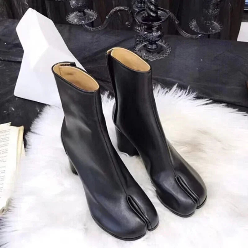 TabiEdge | Split Toe Chunky Heel Leather Boots – Autumn Comfort