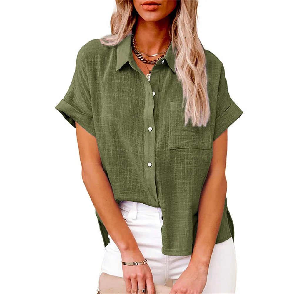 Classic V-Neck Blouse — Short Sleeve, Loose Fit, White