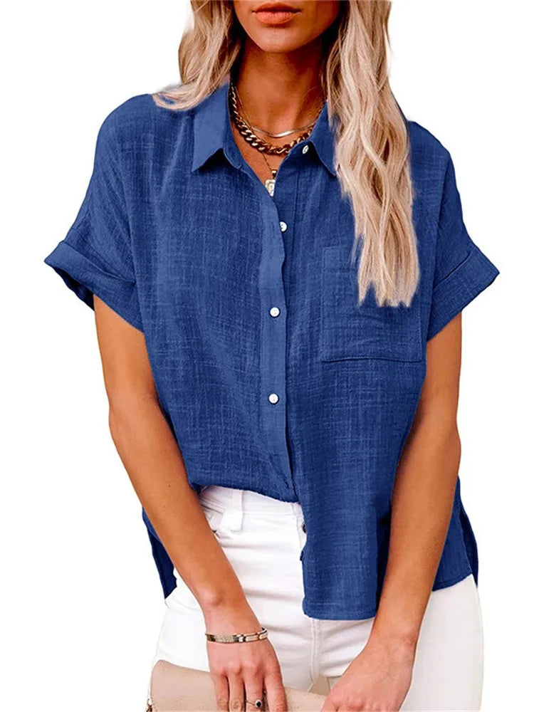 Classic V-Neck Blouse — Short Sleeve, Loose Fit, White