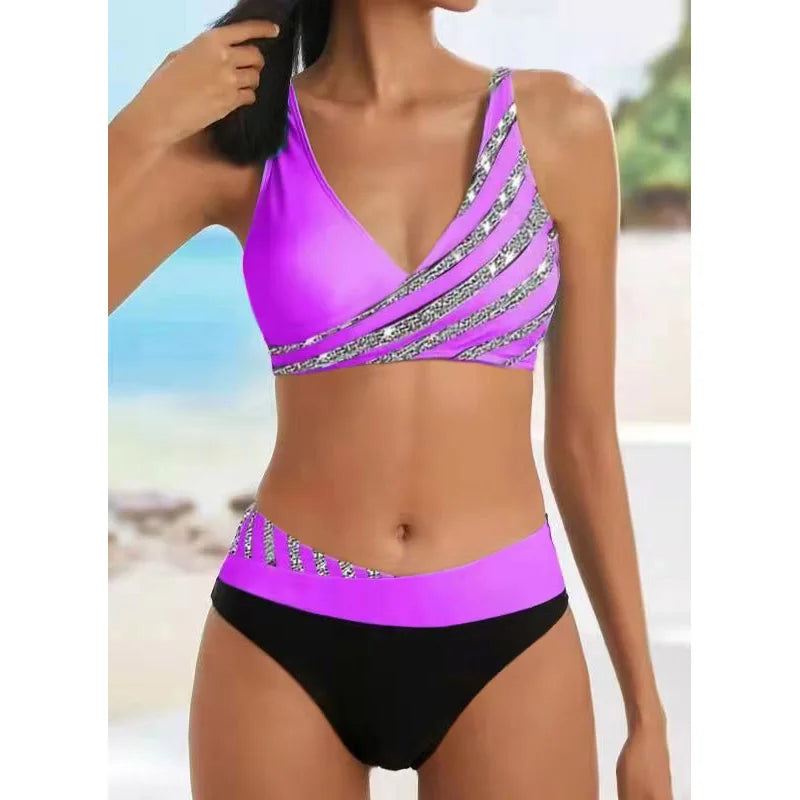 Floral V-Neck Tankini with High-Waisted Bottoms