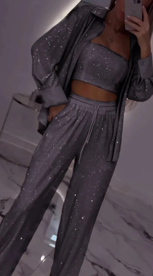 Sequin Shirt & Wide-Leg Trousers Set