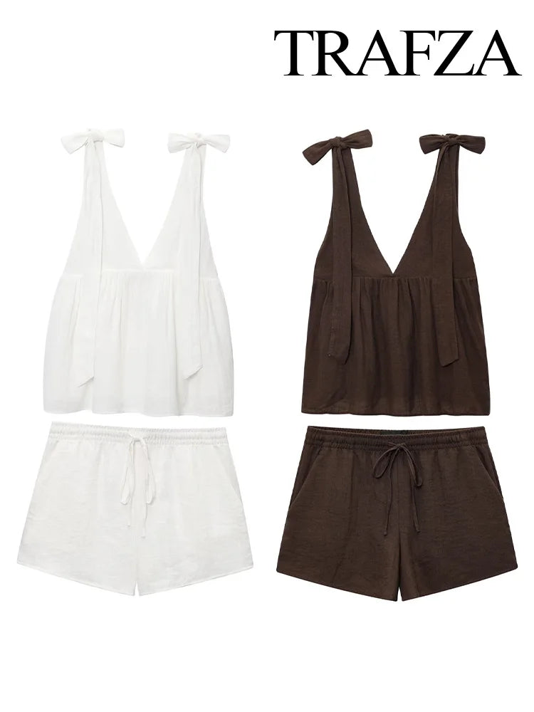 V-Neck Backless Sleeveless Top & Drawstring Slim Shorts Set – Chic Two Piece