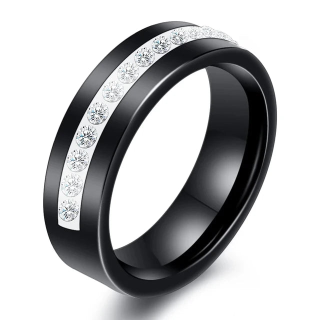 6mm Black & White Ceramic Ring – Crystal Inlay Wedding Band