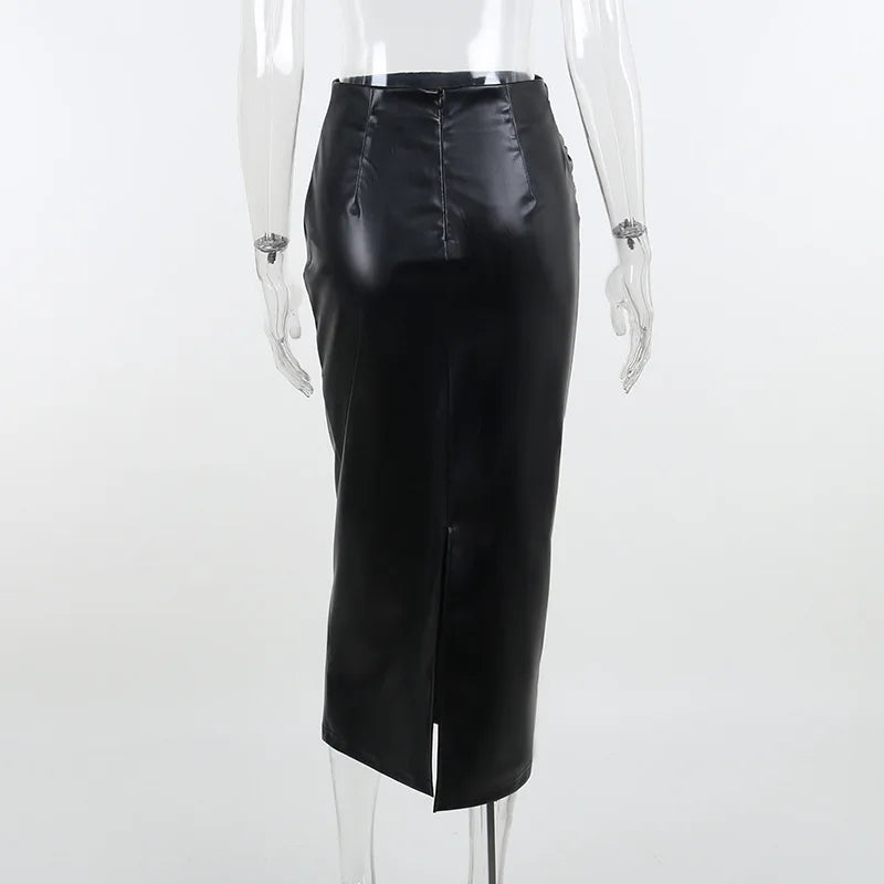 Ruched PU Leather Midi Skirt — Office Elegant Look