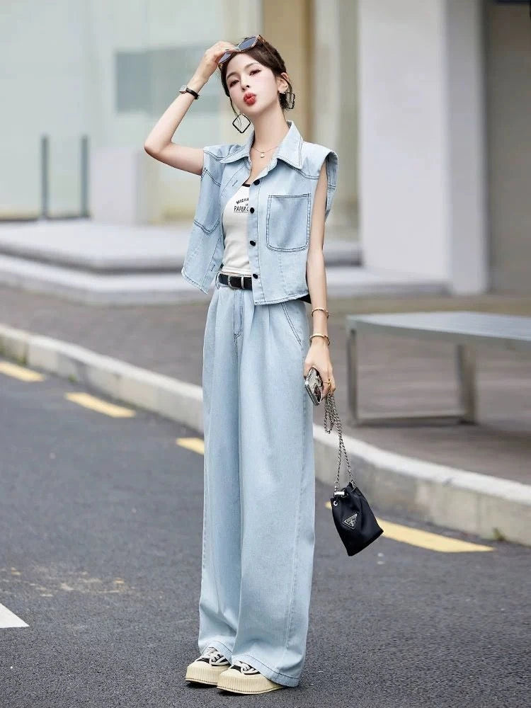 Denim Wide Leg Pant Set – Relaxed Fit