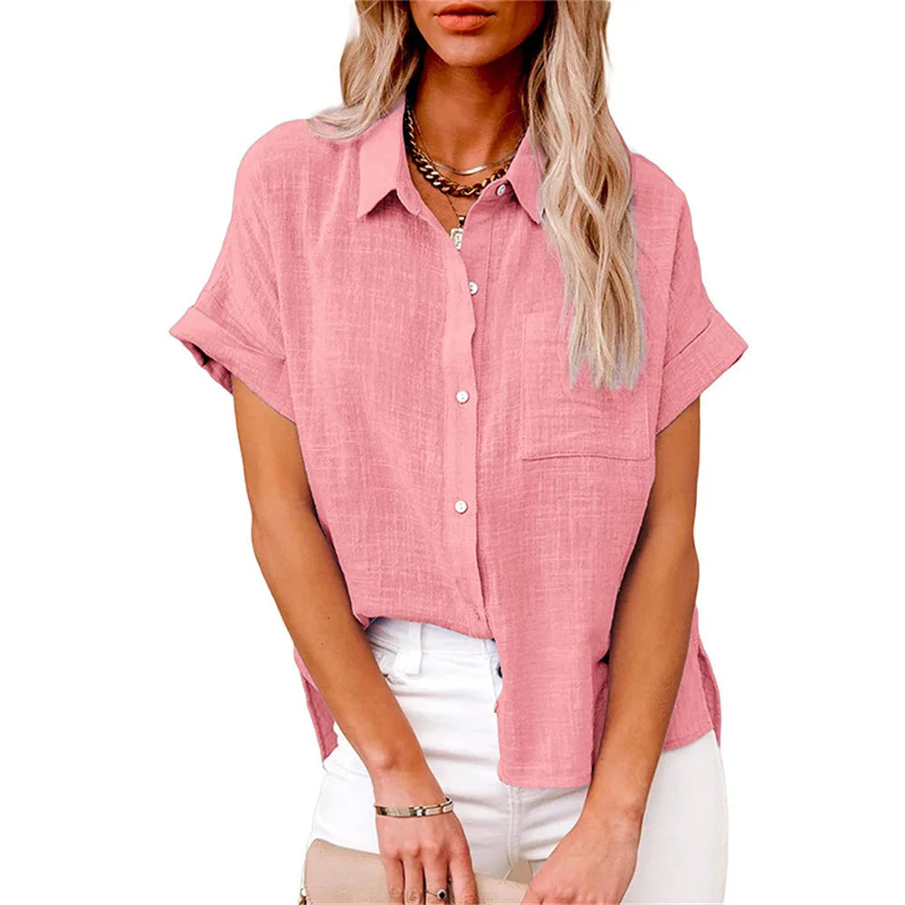 Classic V-Neck Blouse — Short Sleeve, Loose Fit, White