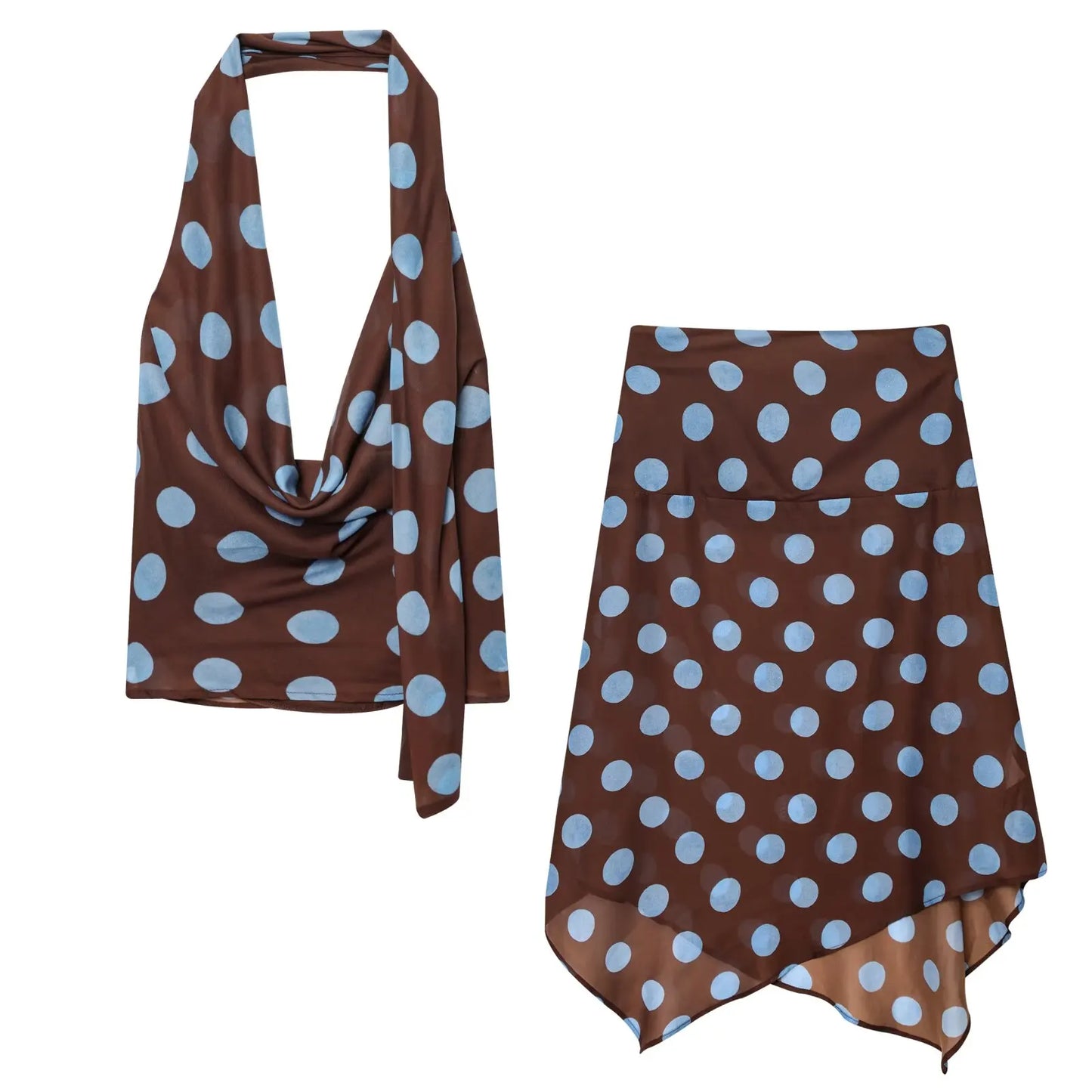 Polka Dot Halter Top & Asymmetric Skirt Set – Stylish Vacation Two Piece